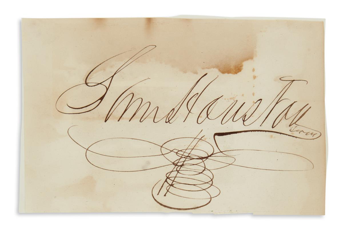 SAMUEL HOUSTON. Large clipped Signature, SamHouston / Texas, on a slip of paper. 4x6 inches; moderate scattere...
